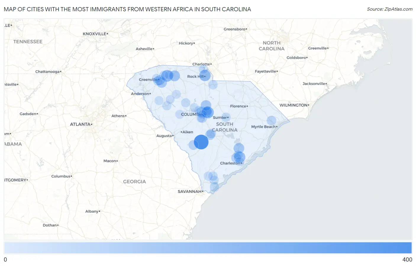 Cities with the Most Immigrants from Western Africa in South Carolina Map