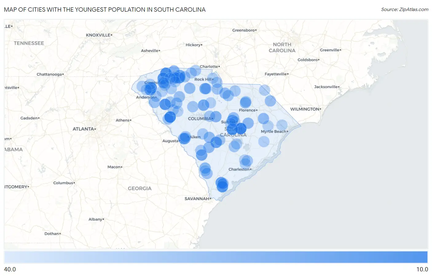 Cities with the Youngest Population in South Carolina Map