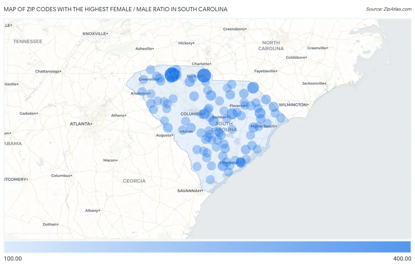 Zip Codes with the Highest Female / Male Ratio in South Carolina Map
