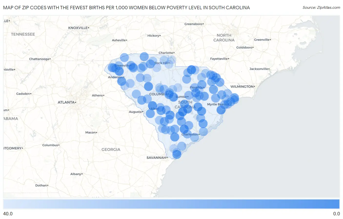 Zip Codes with the Fewest Births per 1,000 Women Below Poverty Level in South Carolina Map