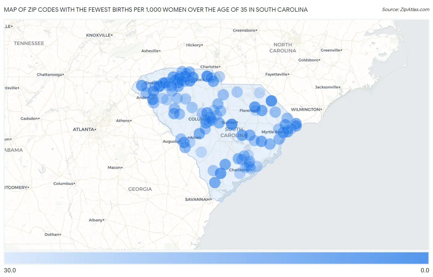 Zip Codes with the Fewest Births per 1,000 Women Over the Age of 35 in South Carolina Map