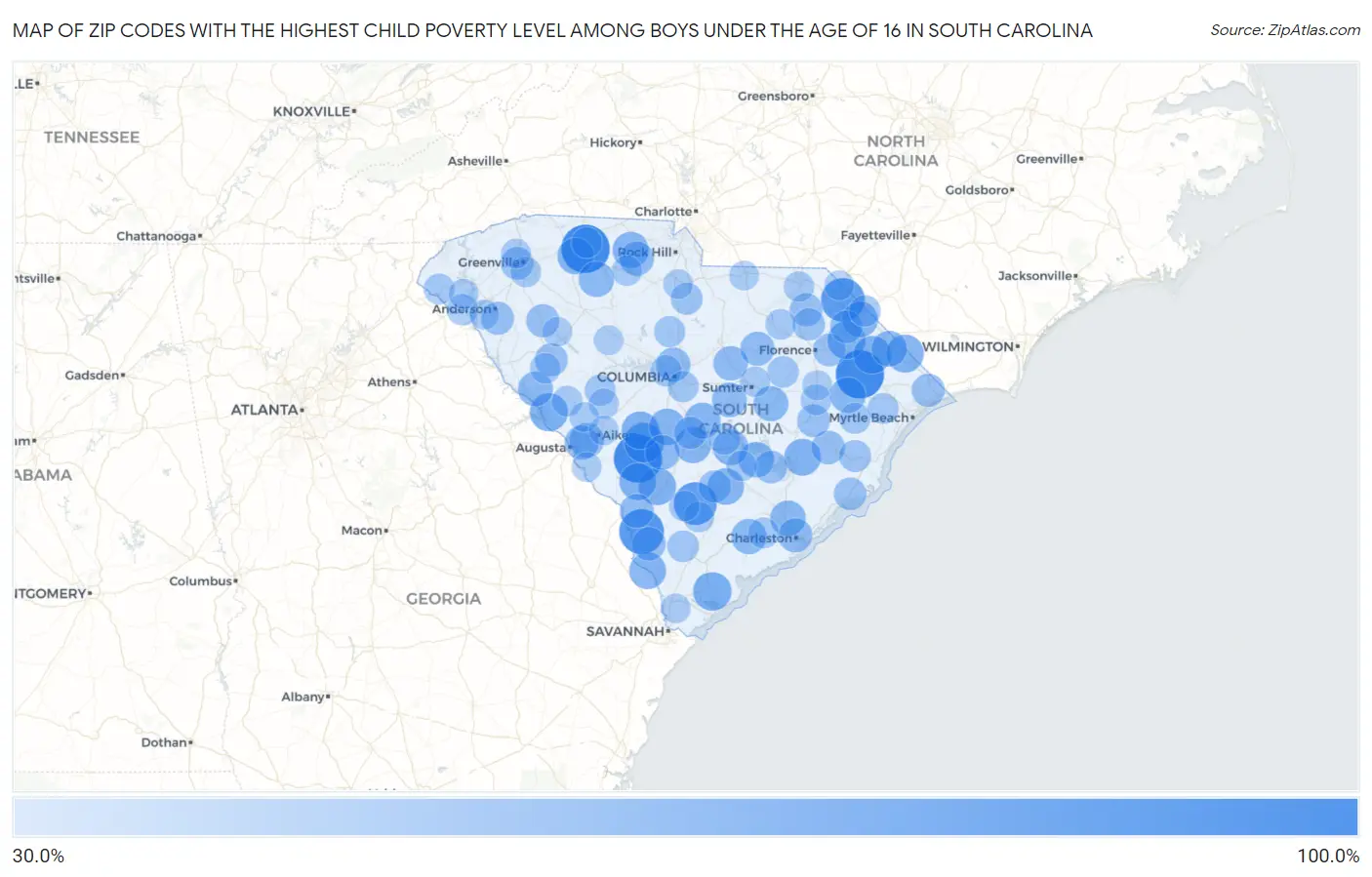 Zip Codes with the Highest Child Poverty Level Among Boys Under the Age of 16 in South Carolina Map