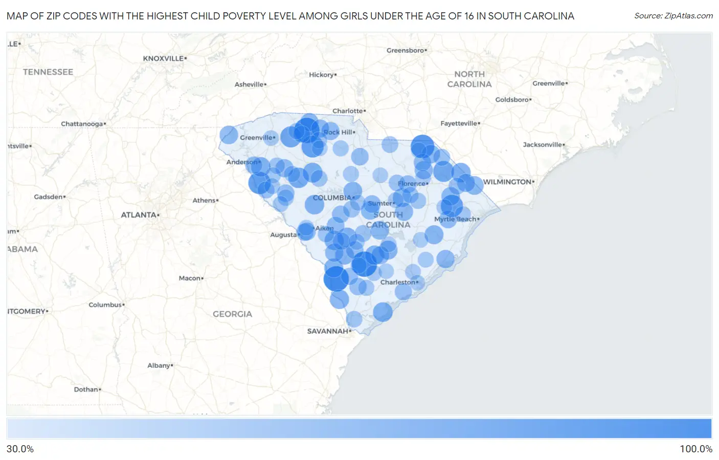 Zip Codes with the Highest Child Poverty Level Among Girls Under the Age of 16 in South Carolina Map