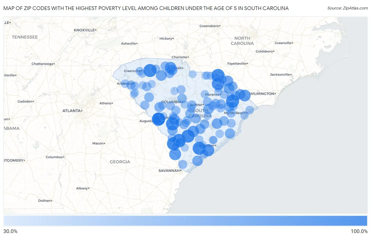 Zip Codes with the Highest Poverty Level Among Children Under the Age of 5 in South Carolina Map