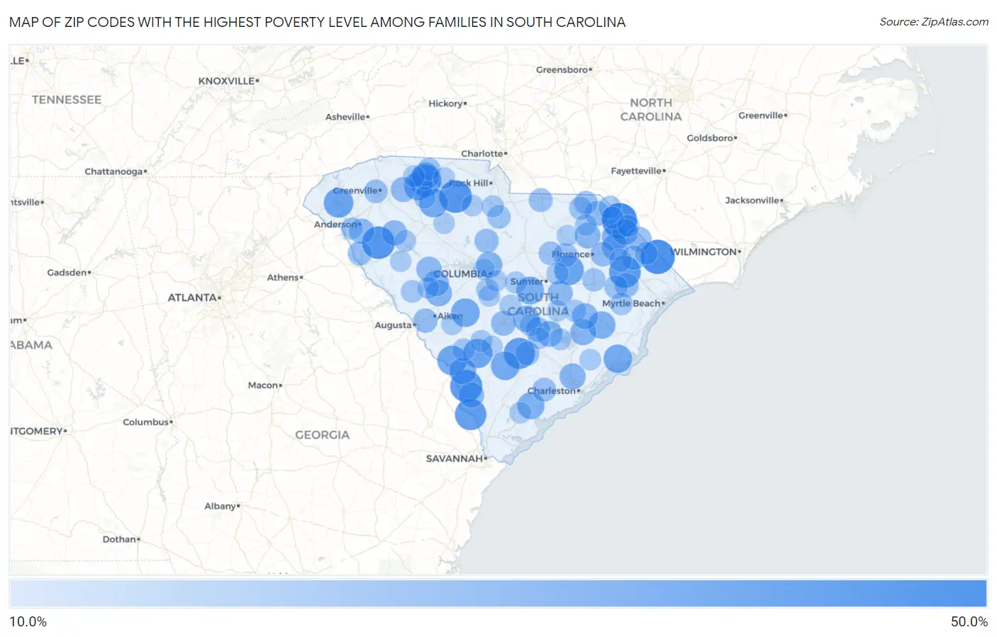 Zip Codes with the Highest Poverty Level Among Families in South Carolina Map