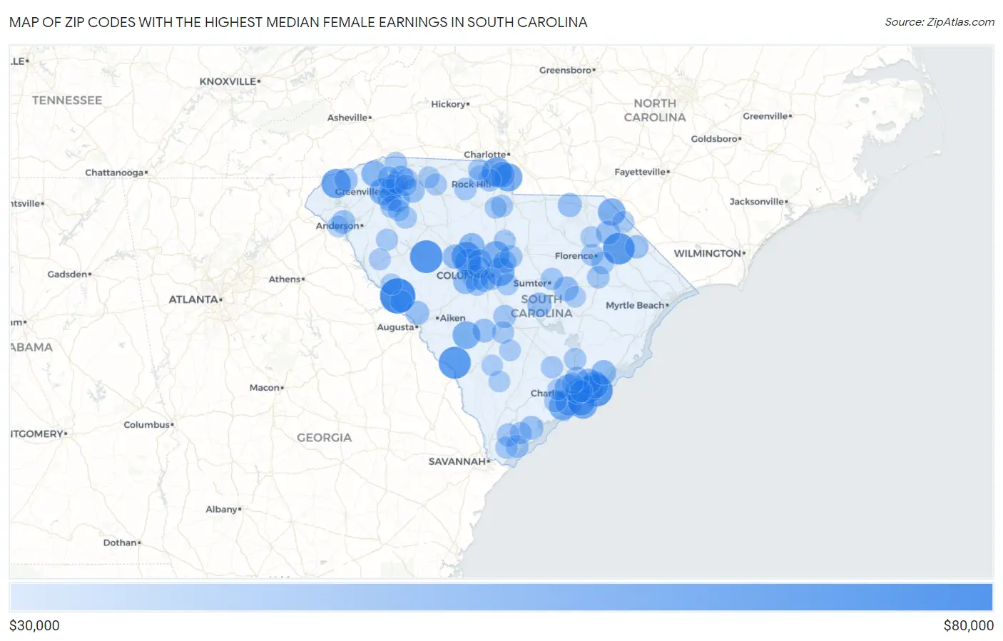 Zip Codes with the Highest Median Female Earnings in South Carolina Map