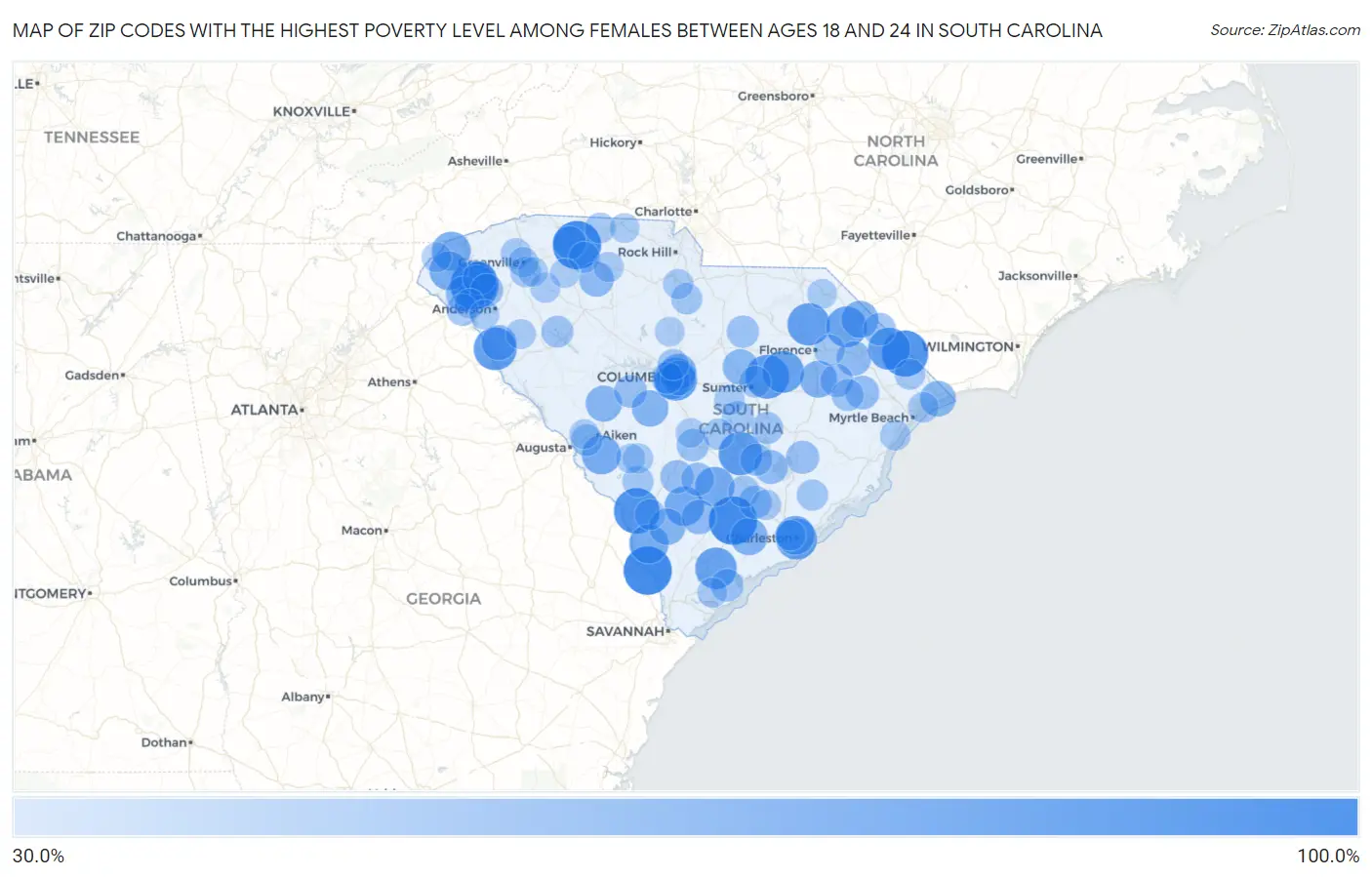 Zip Codes with the Highest Poverty Level Among Females Between Ages 18 and 24 in South Carolina Map