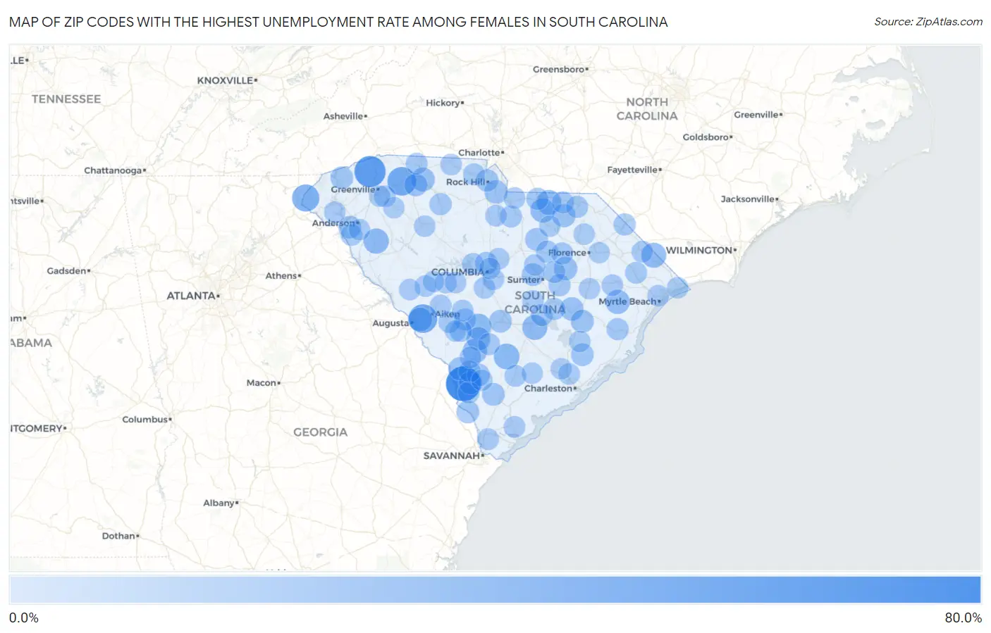Zip Codes with the Highest Unemployment Rate Among Females in South Carolina Map