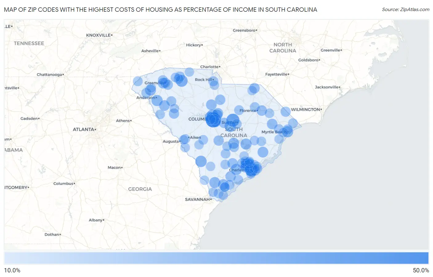 Zip Codes with the Highest Costs of Housing as Percentage of Income in South Carolina Map