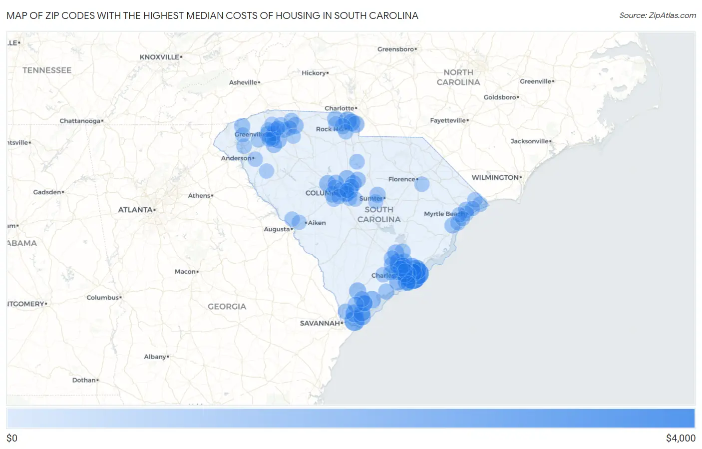 Zip Codes with the Highest Median Costs of Housing in South Carolina Map