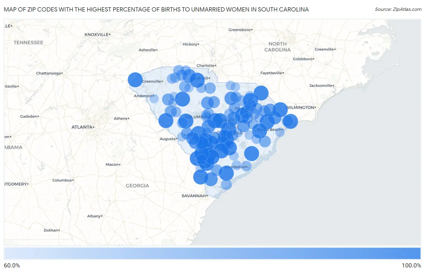 Zip Codes with the Highest Percentage of Births to Unmarried Women in South Carolina Map