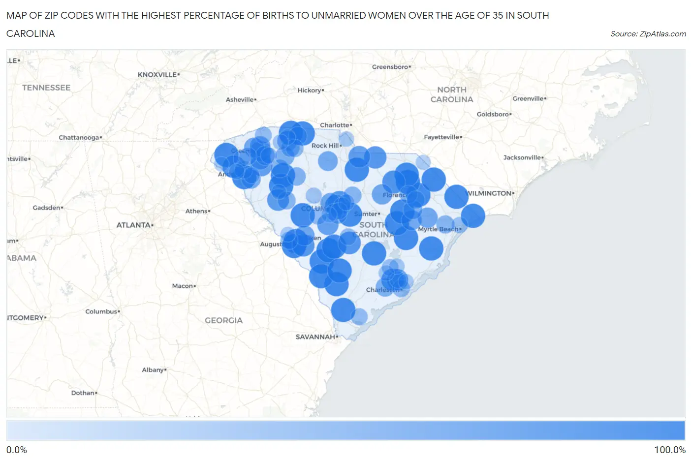 Zip Codes with the Highest Percentage of Births to Unmarried Women over the Age of 35 in South Carolina Map