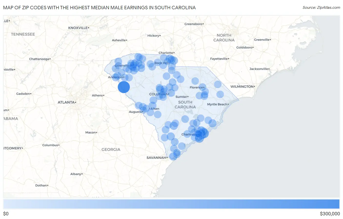 Zip Codes with the Highest Median Male Earnings in South Carolina Map