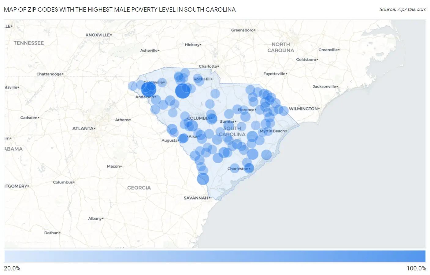 Zip Codes with the Highest Male Poverty Level in South Carolina Map