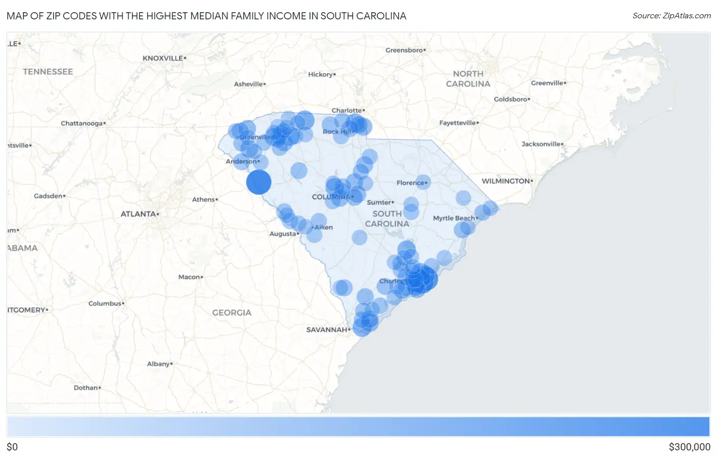 Zip Codes with the Highest Median Family Income in South Carolina Map