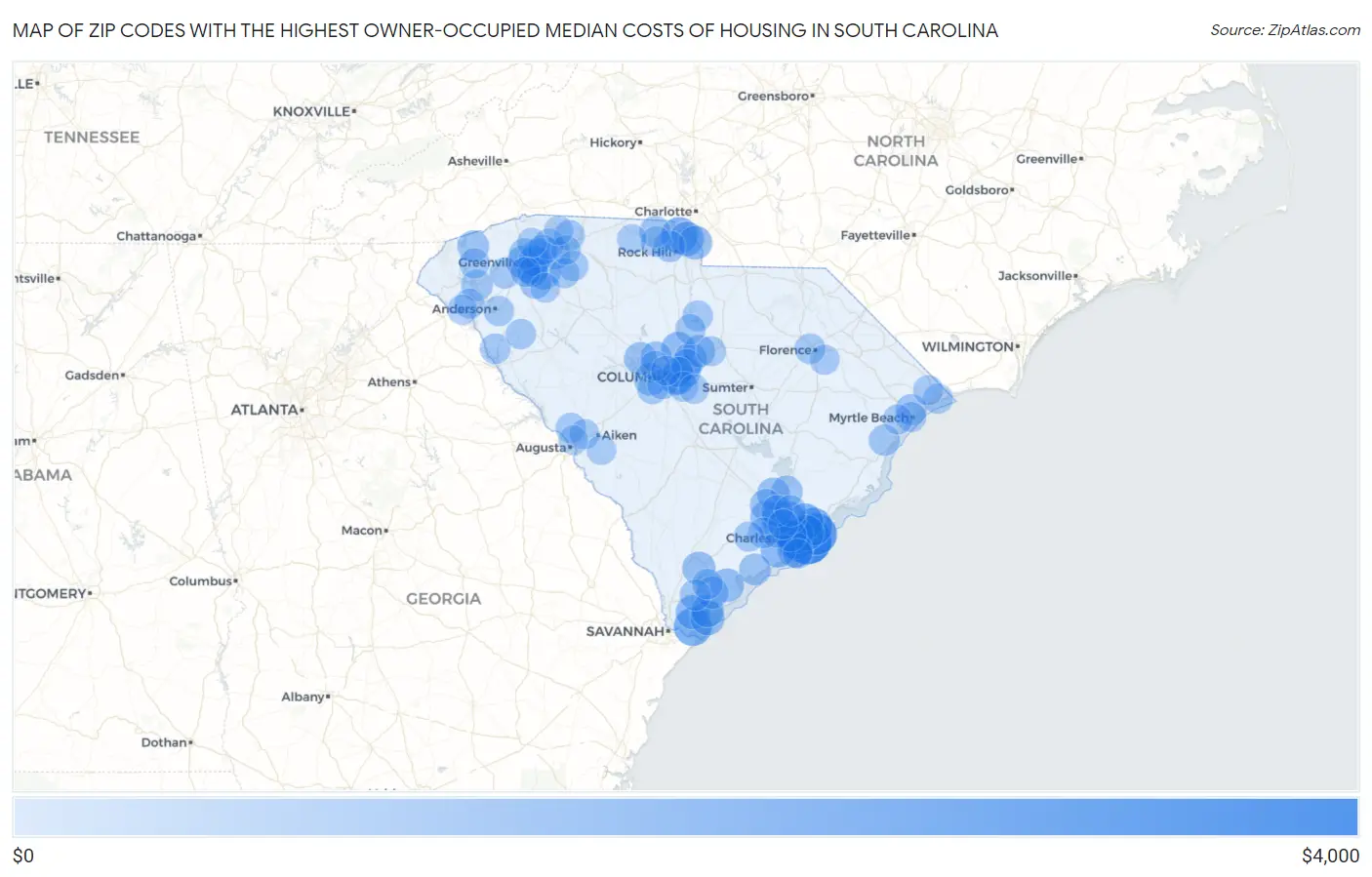 Zip Codes with the Highest Owner-Occupied Median Costs of Housing in South Carolina Map