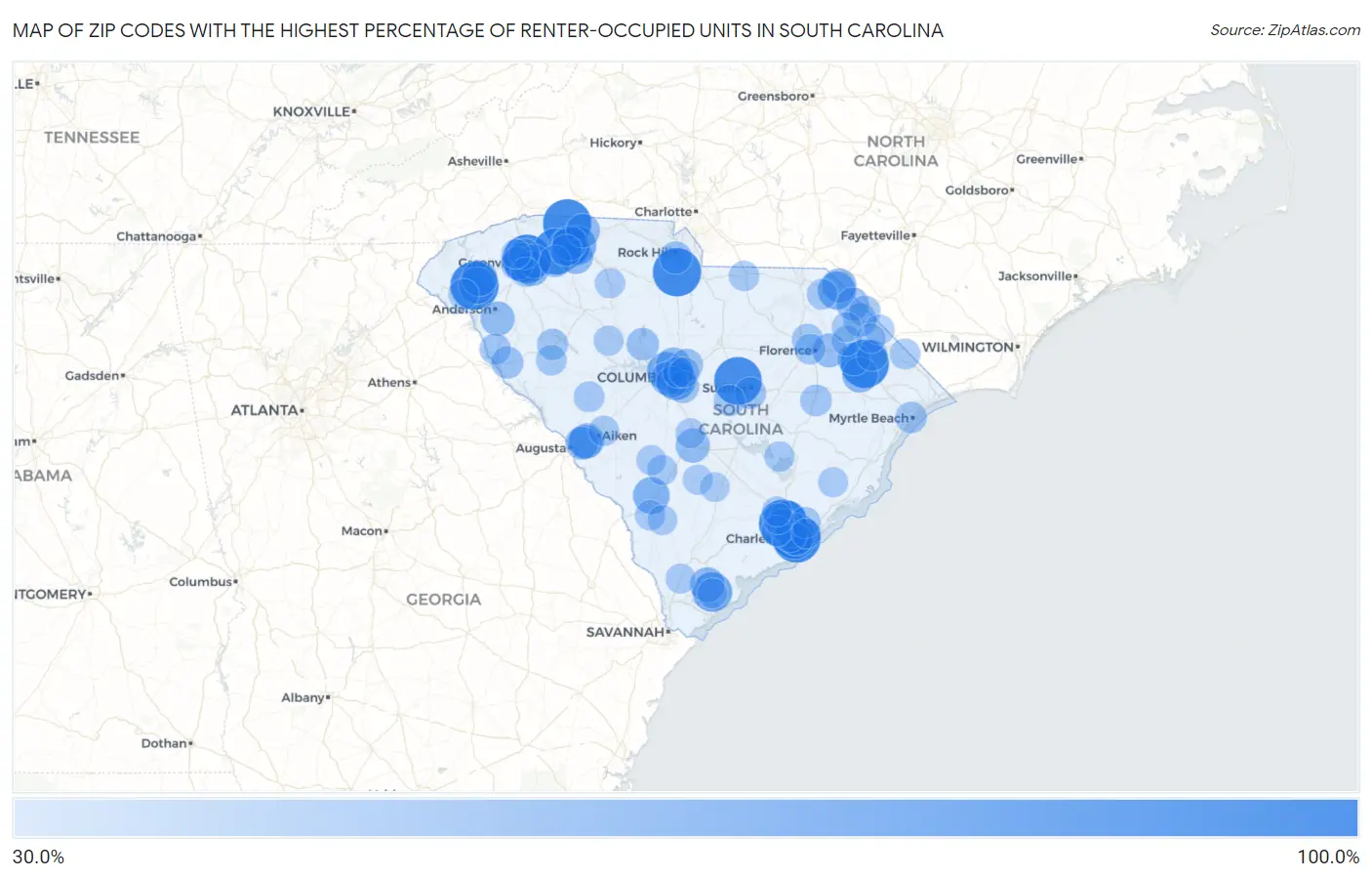 Zip Codes with the Highest Percentage of Renter-Occupied Units in South Carolina Map