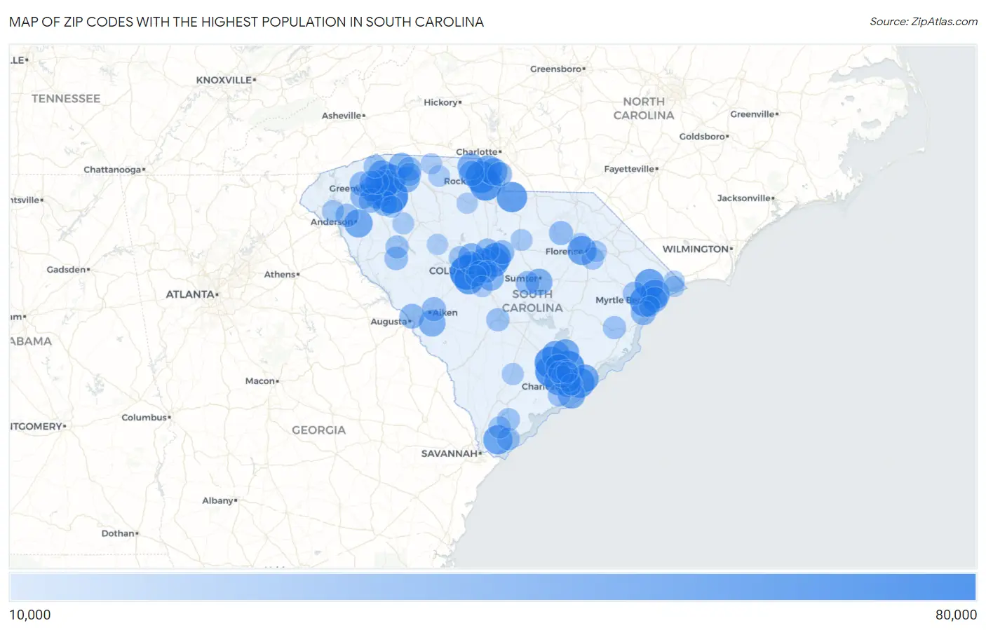 Zip Codes with the Highest Population in South Carolina Map