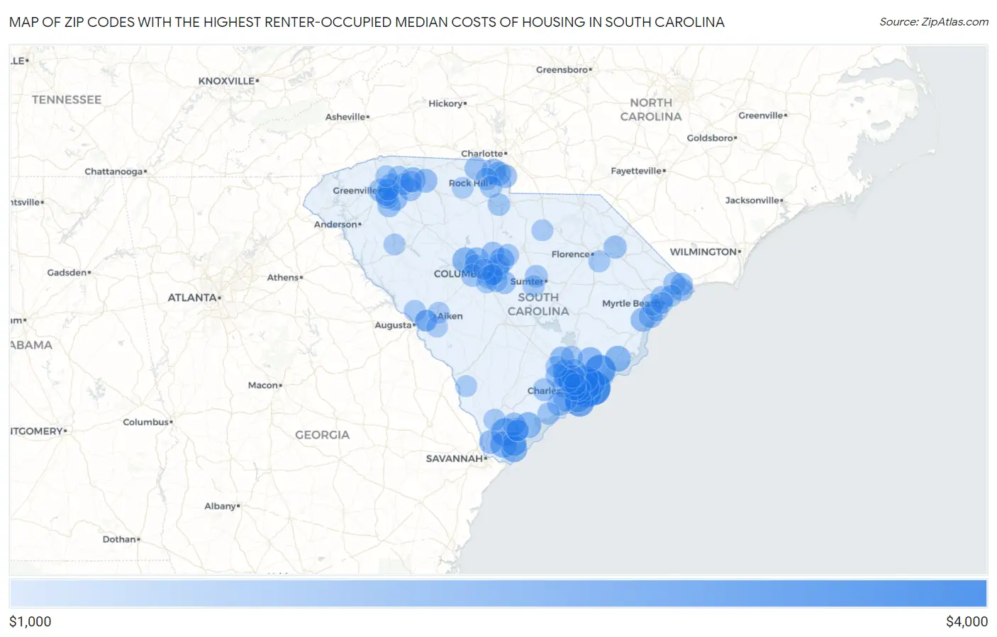 Zip Codes with the Highest Renter-Occupied Median Costs of Housing in South Carolina Map