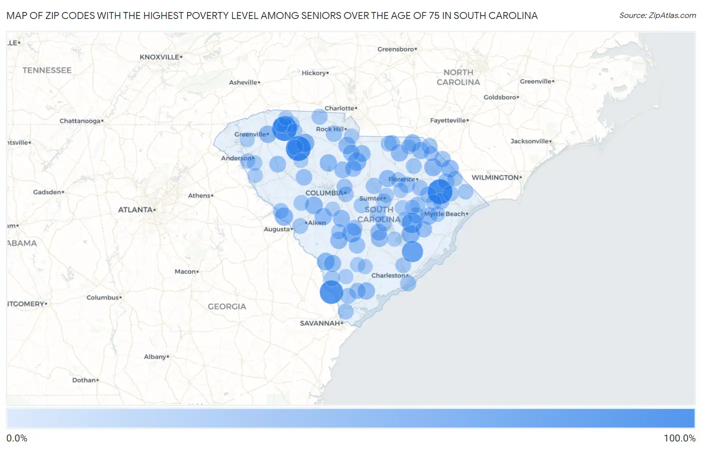Zip Codes with the Highest Poverty Level Among Seniors Over the Age of 75 in South Carolina Map