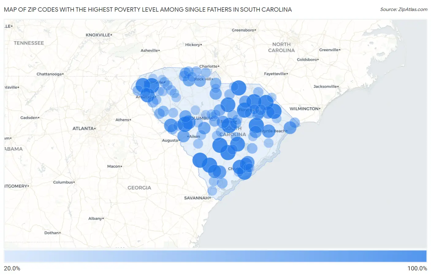 Zip Codes with the Highest Poverty Level Among Single Fathers in South Carolina Map