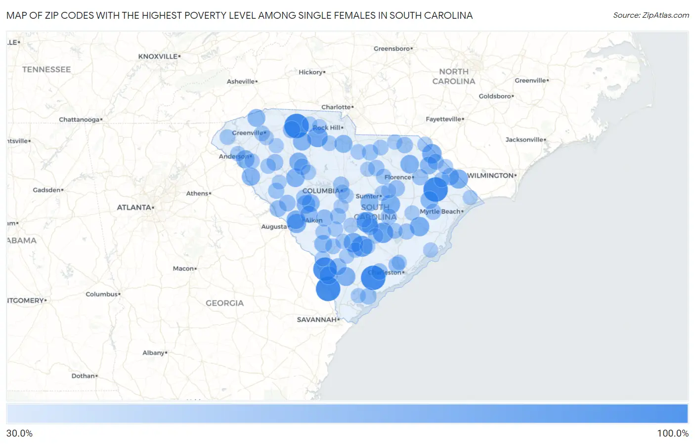 Zip Codes with the Highest Poverty Level Among Single Females in South Carolina Map