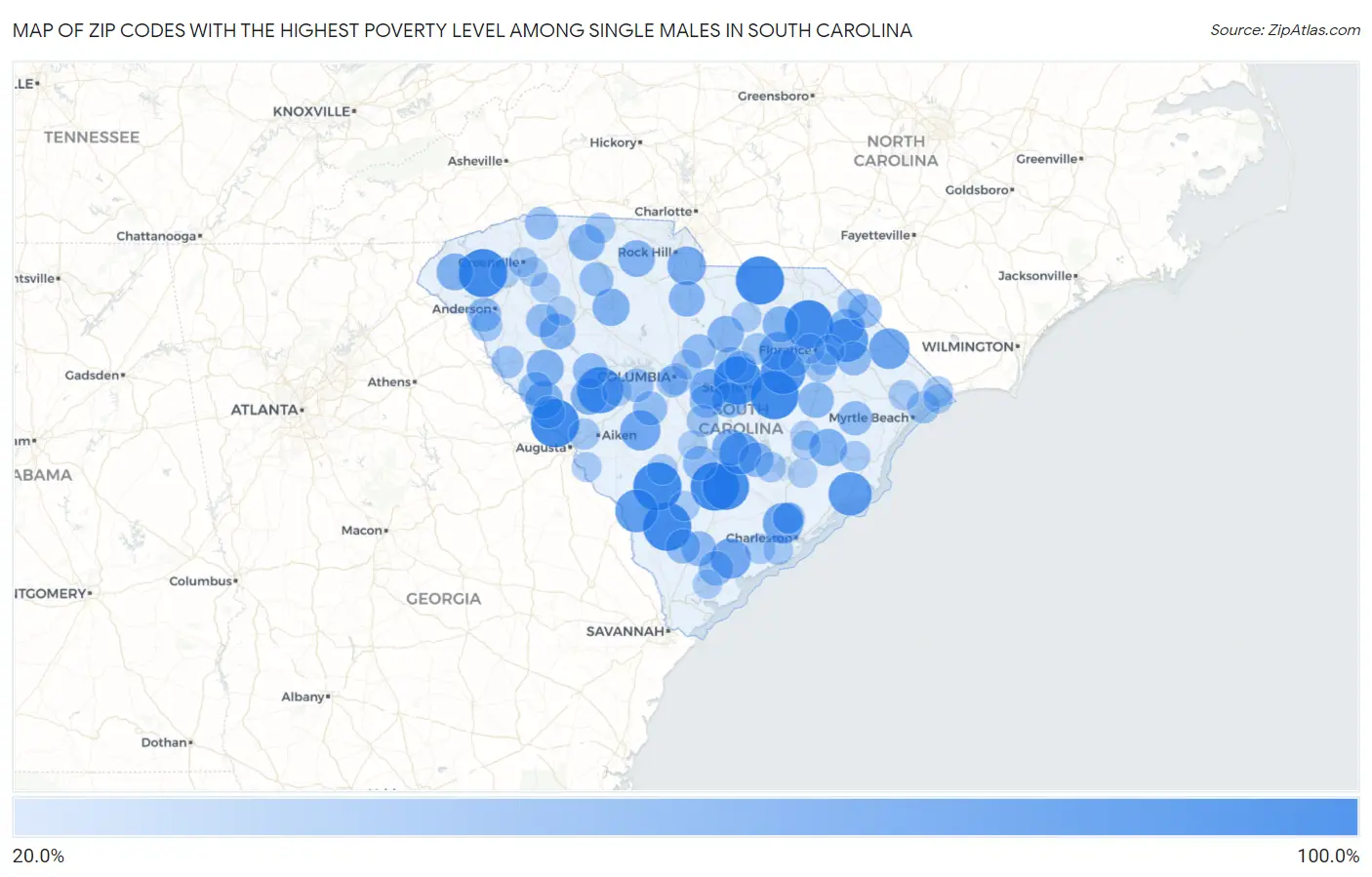 Zip Codes with the Highest Poverty Level Among Single Males in South Carolina Map