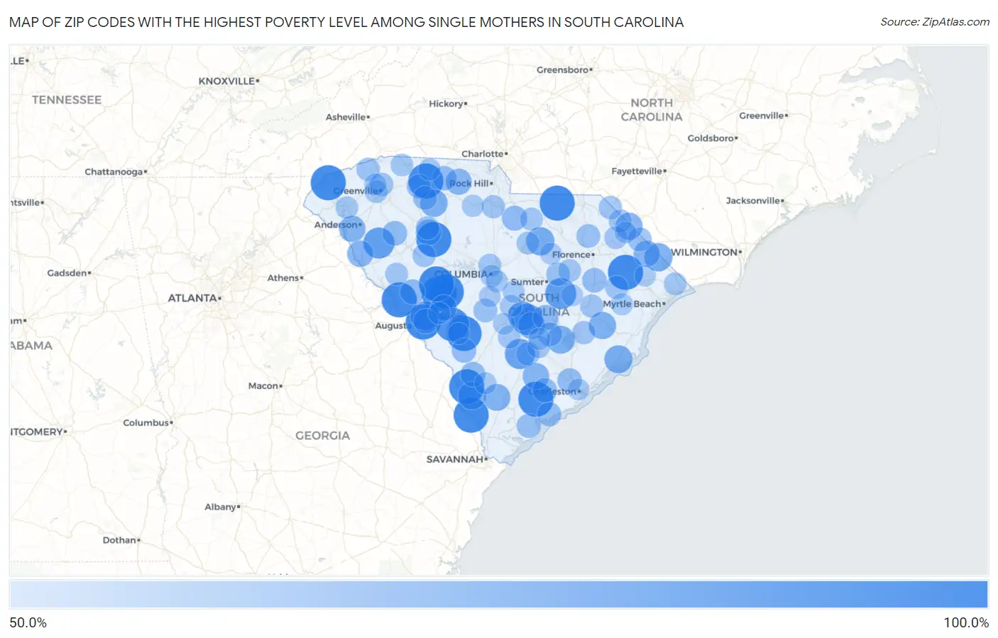 Zip Codes with the Highest Poverty Level Among Single Mothers in South Carolina Map