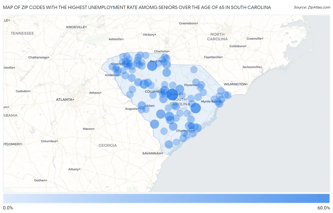 Zip Codes with the Highest Unemployment Rate Amomg Seniors Over the Age of 65 in South Carolina Map