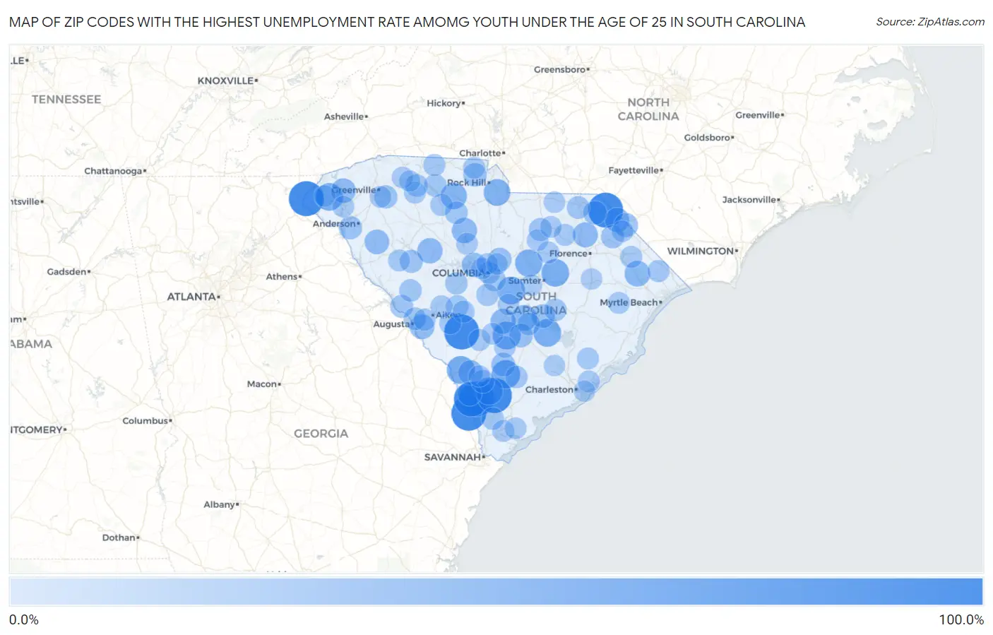 Zip Codes with the Highest Unemployment Rate Amomg Youth Under the Age of 25 in South Carolina Map