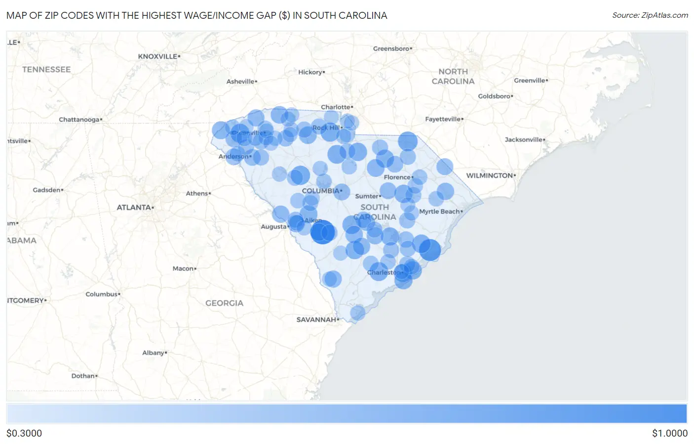 Zip Codes with the Highest Wage/Income Gap ($) in South Carolina Map