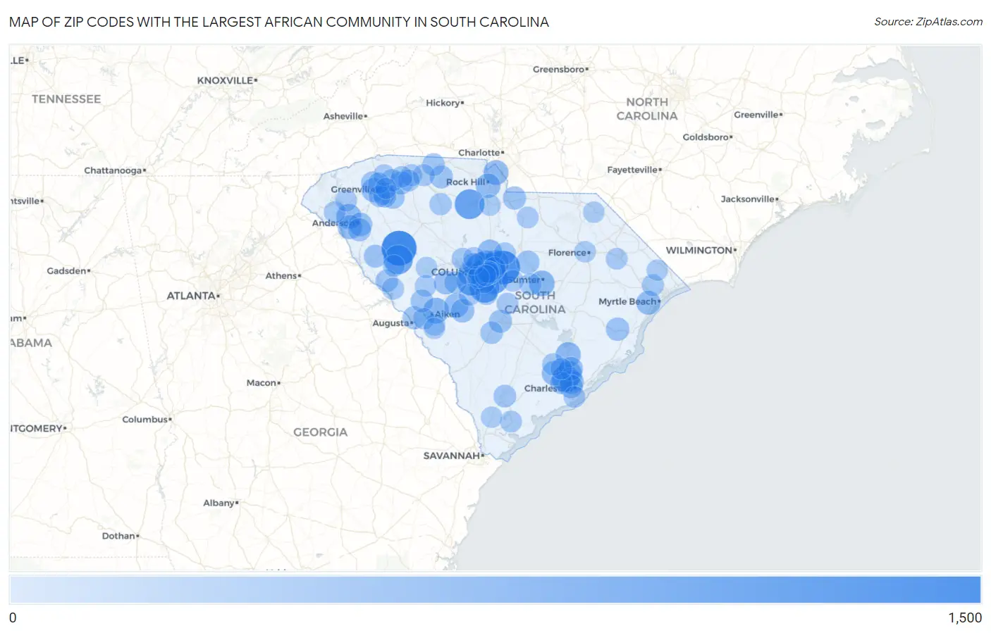 Zip Codes with the Largest African Community in South Carolina Map