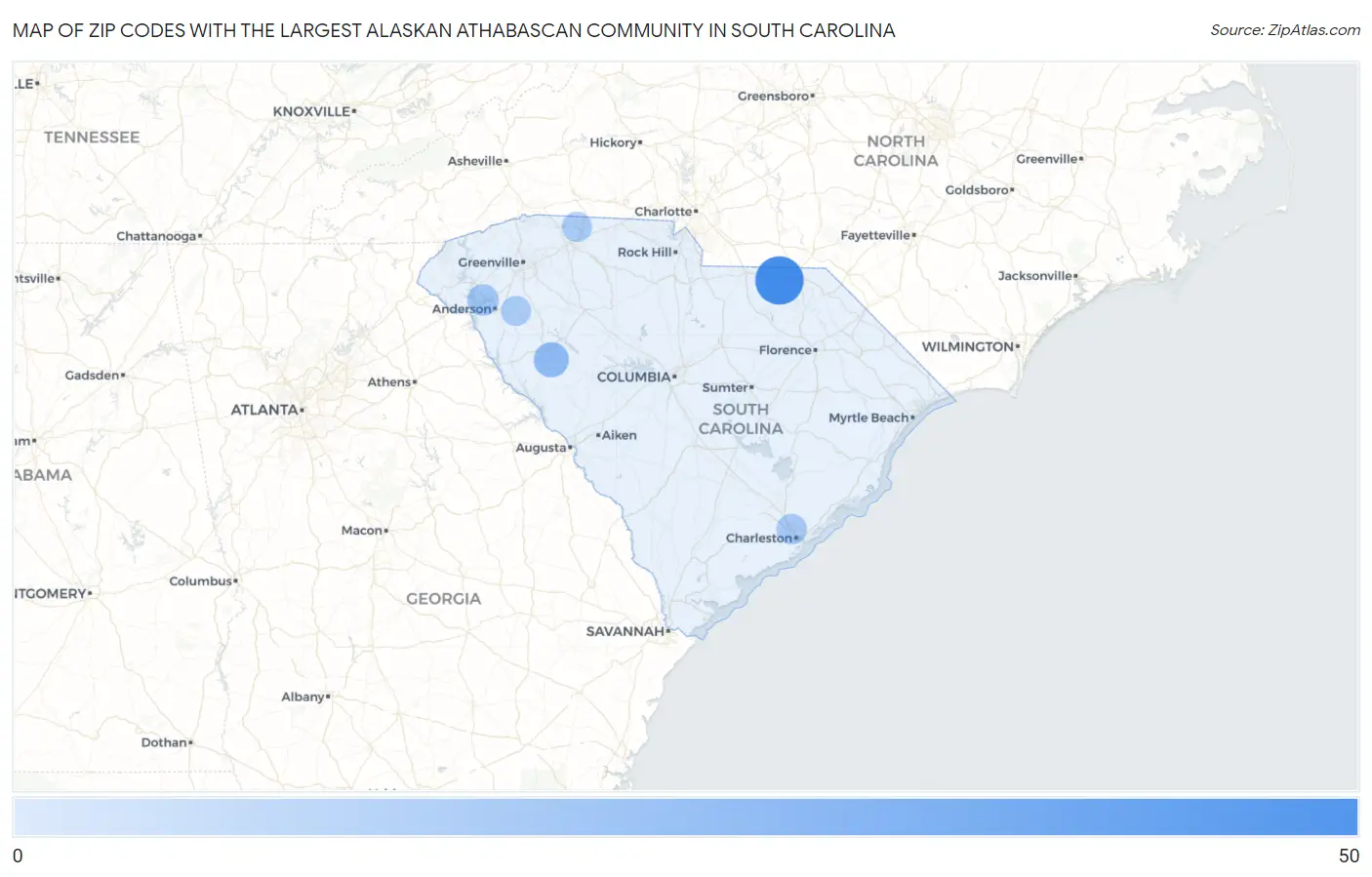 Zip Codes with the Largest Alaskan Athabascan Community in South Carolina Map