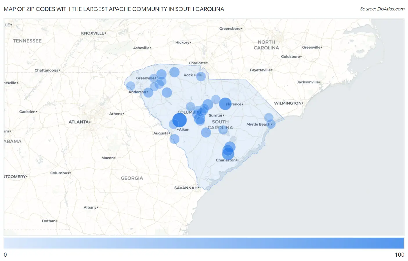 Zip Codes with the Largest Apache Community in South Carolina Map