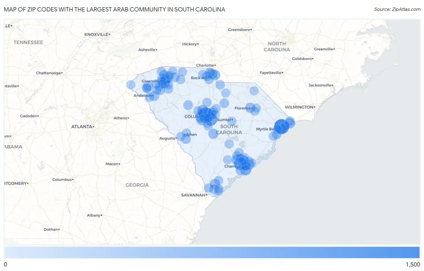 Zip Codes with the Largest Arab Community in South Carolina Map