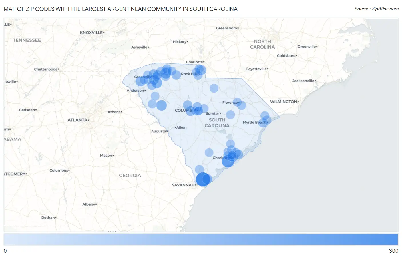 Zip Codes with the Largest Argentinean Community in South Carolina Map
