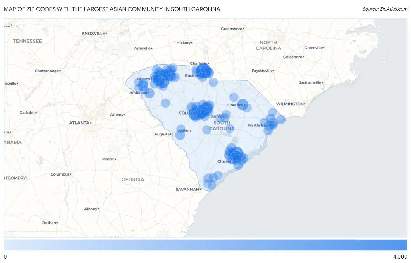 Zip Codes with the Largest Asian Community in South Carolina Map