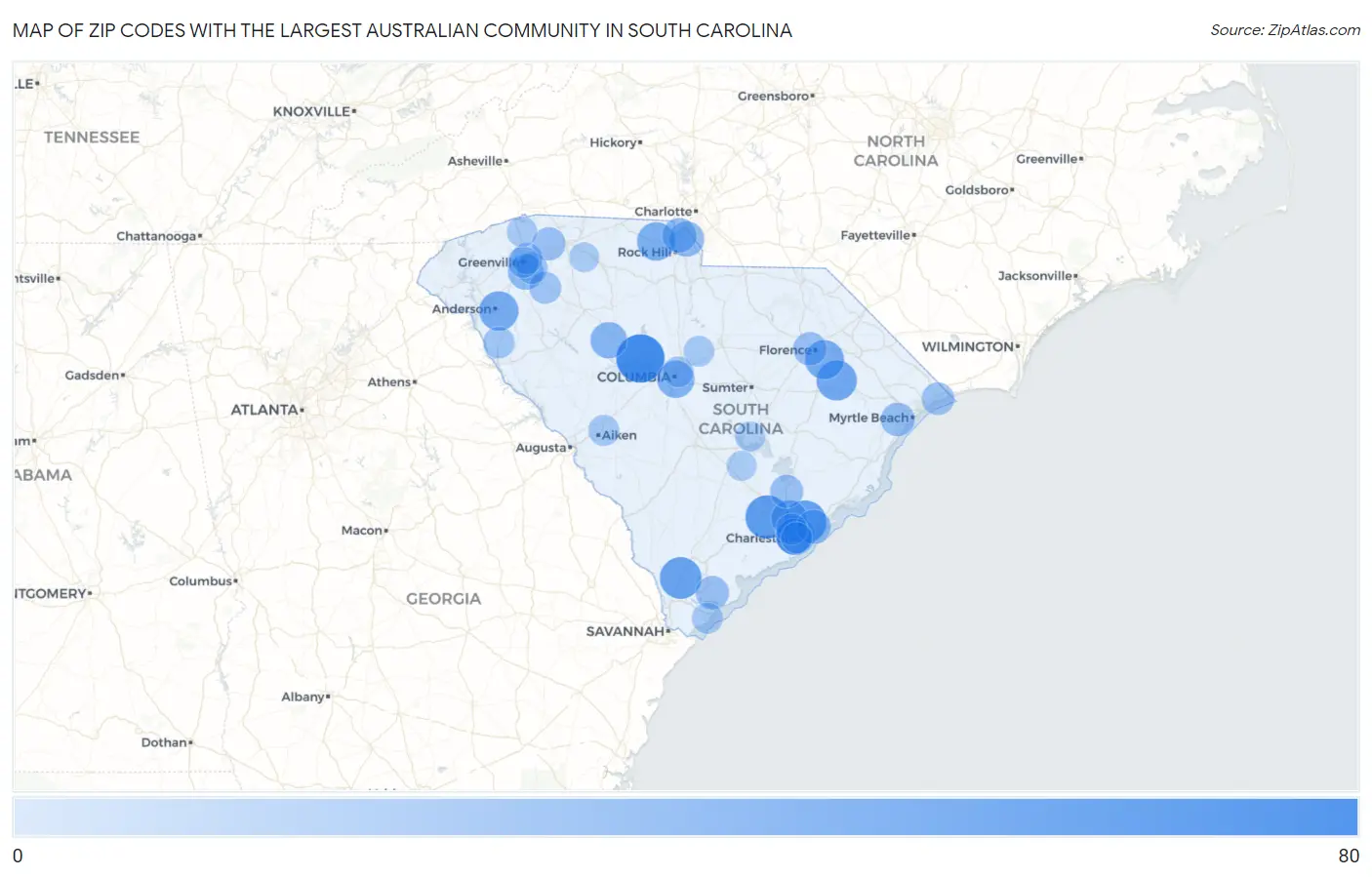 Zip Codes with the Largest Australian Community in South Carolina Map