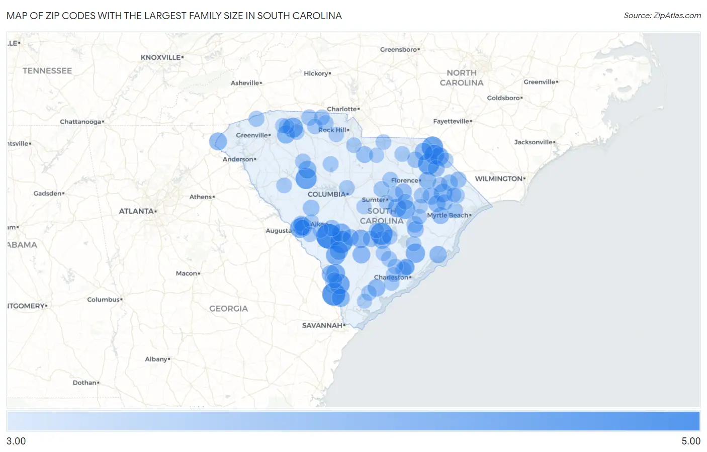 Zip Codes with the Largest Family Size in South Carolina Map