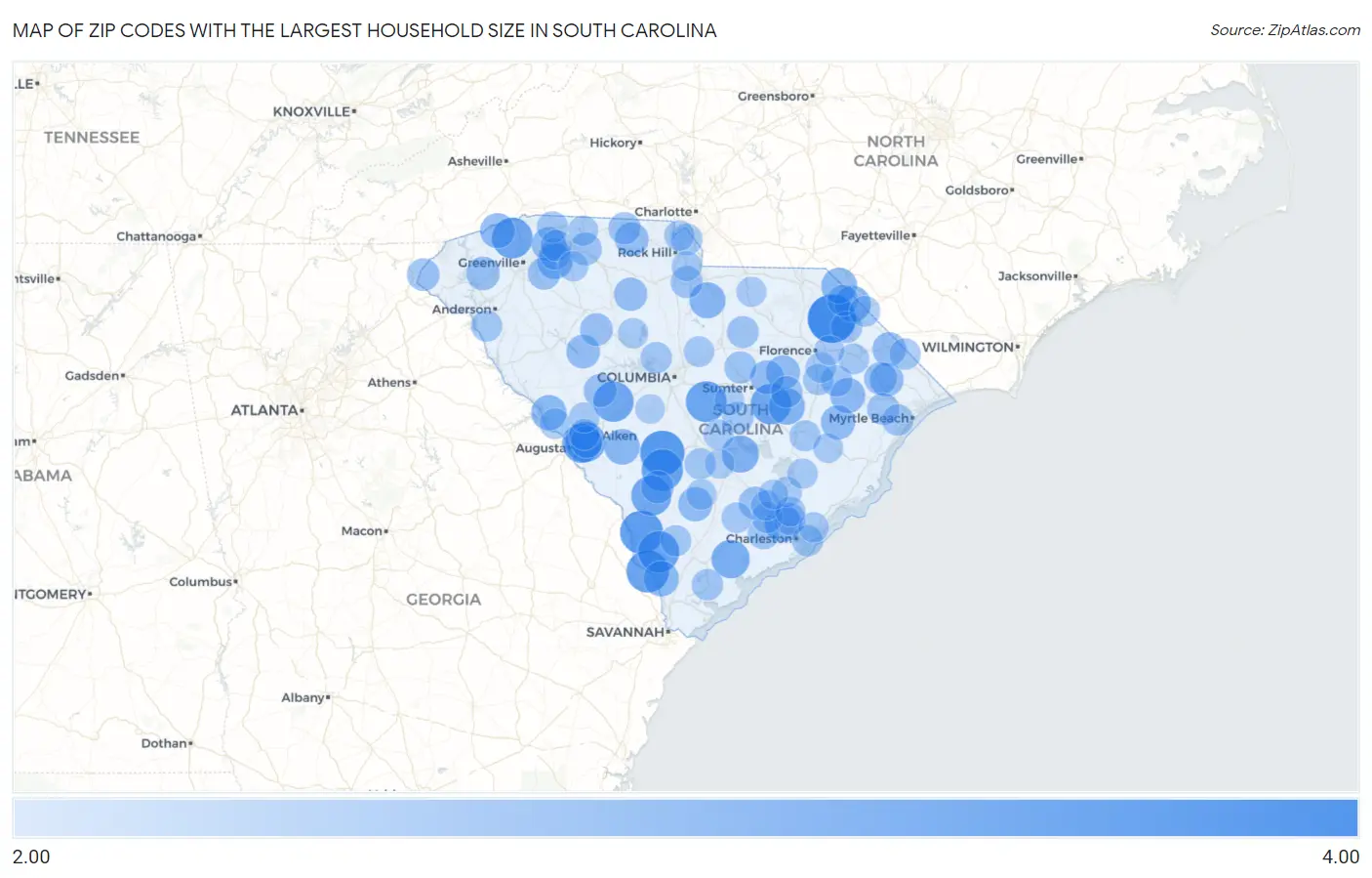 Zip Codes with the Largest Household Size in South Carolina Map