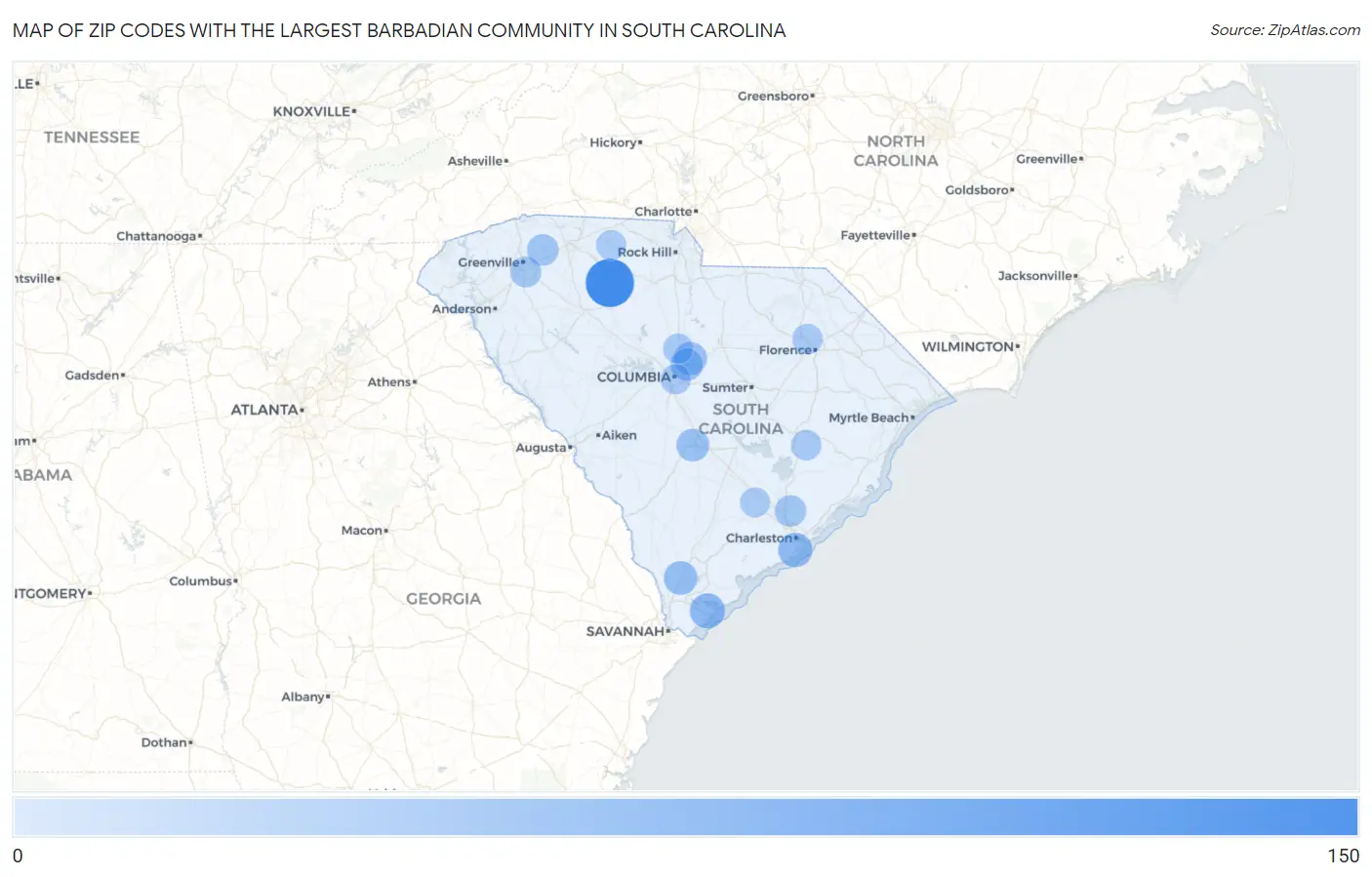 Zip Codes with the Largest Barbadian Community in South Carolina Map