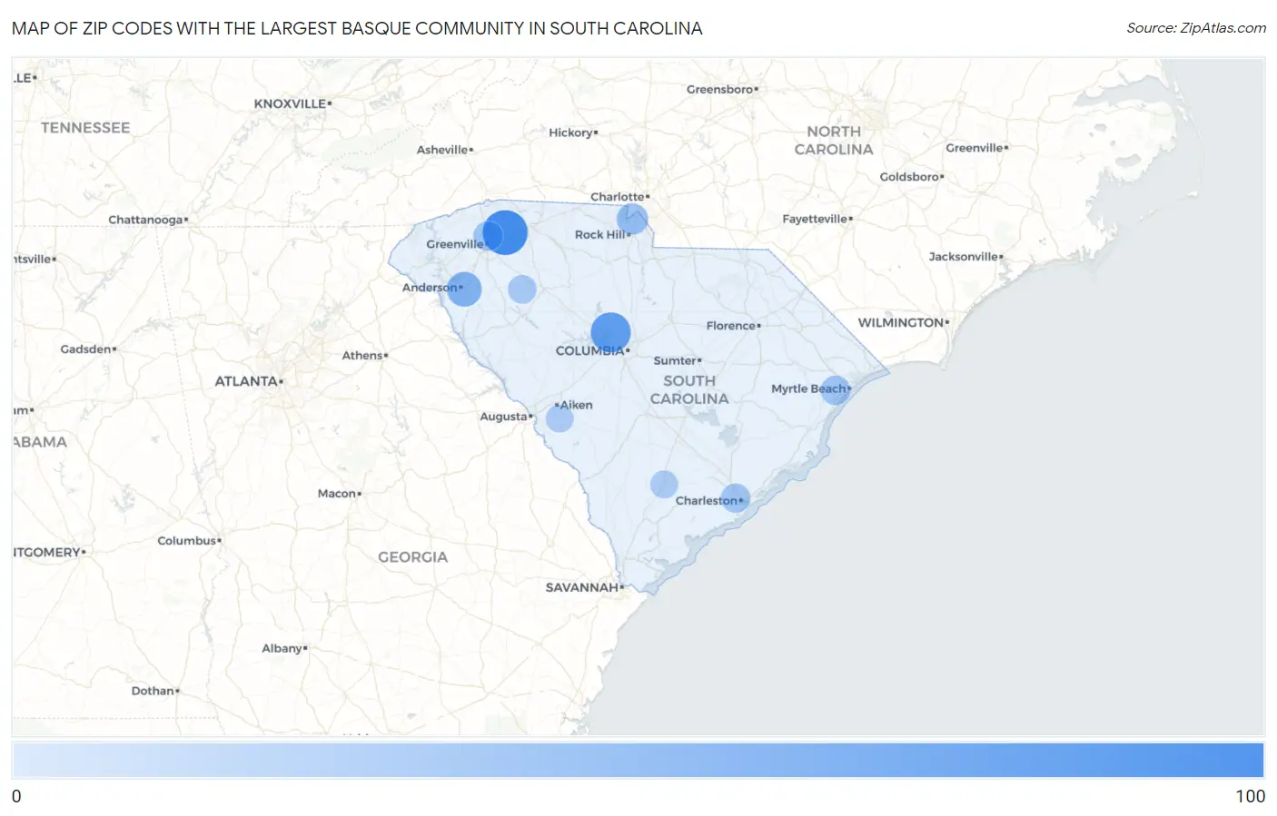 Zip Codes with the Largest Basque Community in South Carolina Map