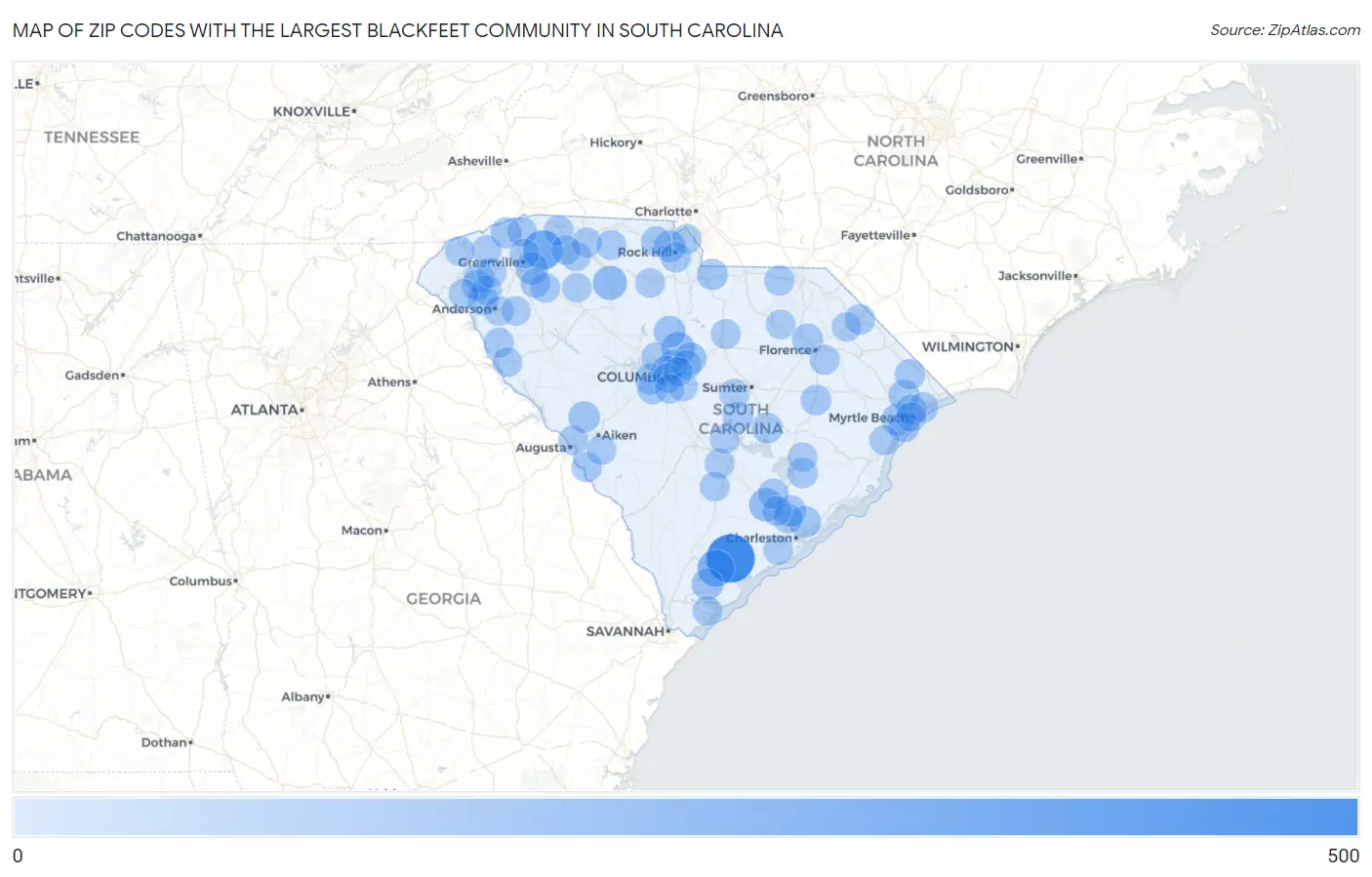 Zip Codes with the Largest Blackfeet Community in South Carolina Map
