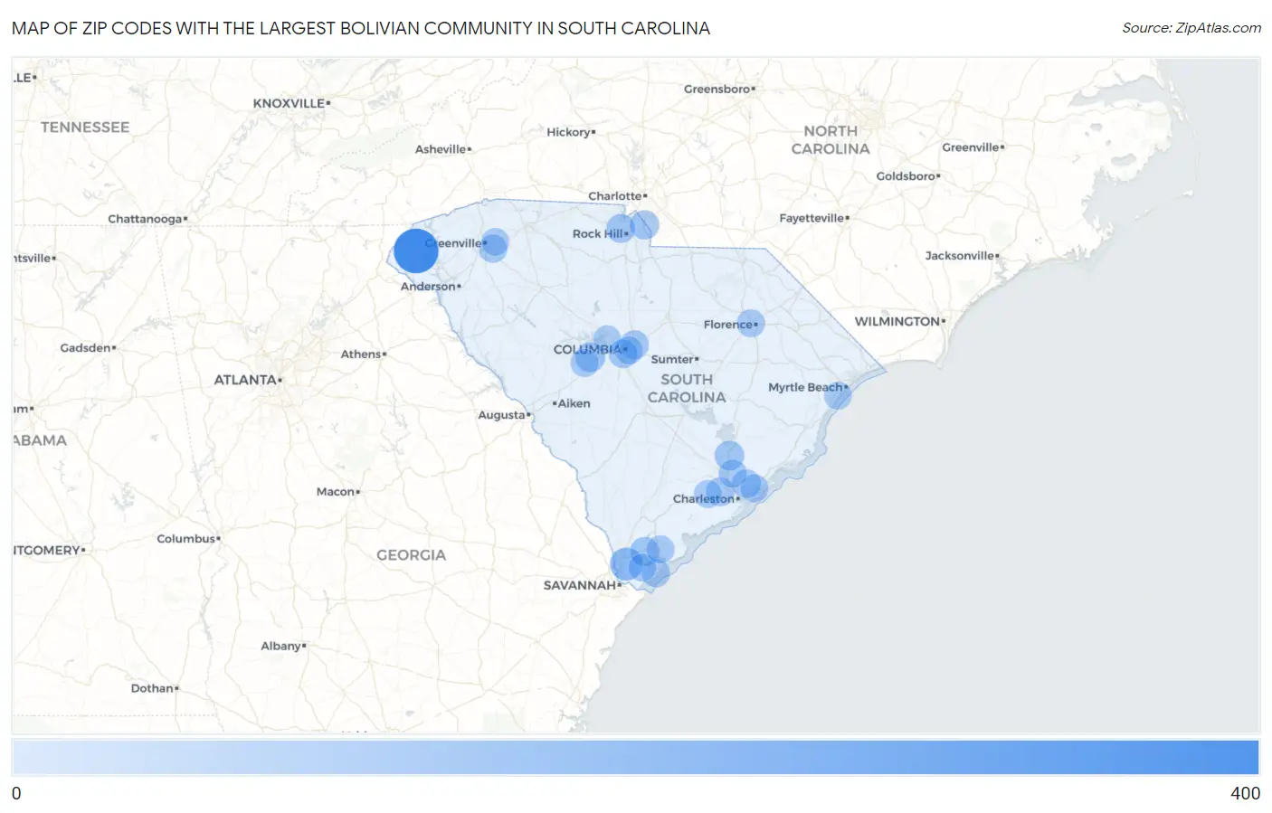Zip Codes with the Largest Bolivian Community in South Carolina Map