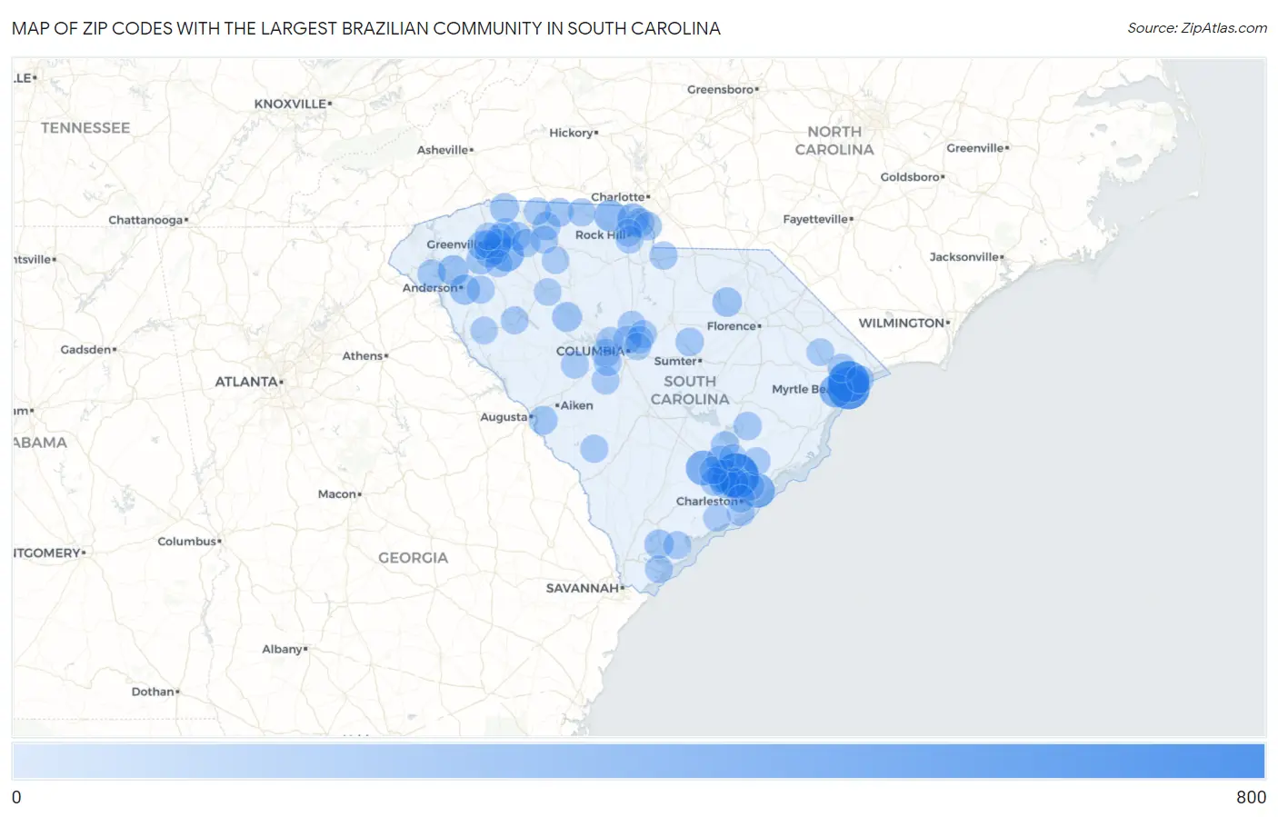 Zip Codes with the Largest Brazilian Community in South Carolina Map