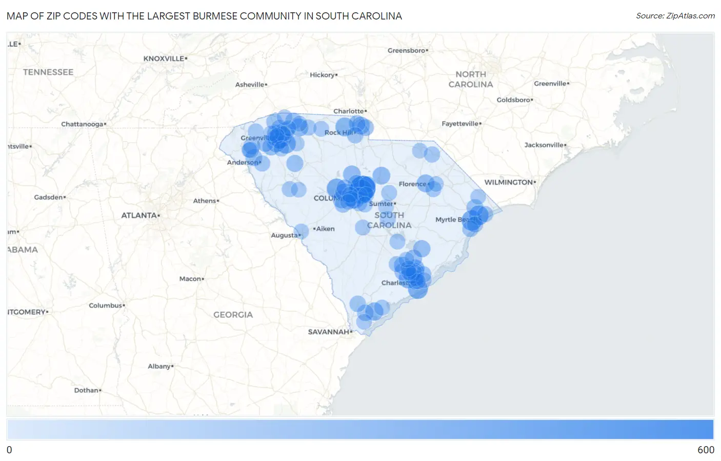 Zip Codes with the Largest Burmese Community in South Carolina Map
