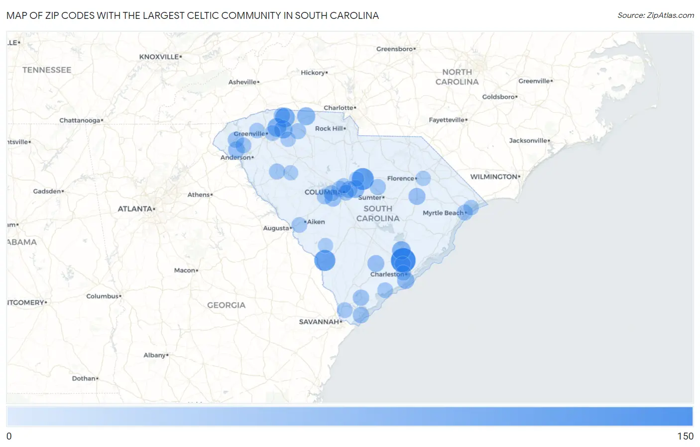 Zip Codes with the Largest Celtic Community in South Carolina Map