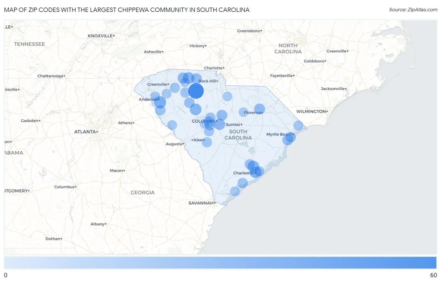 Zip Codes with the Largest Chippewa Community in South Carolina Map