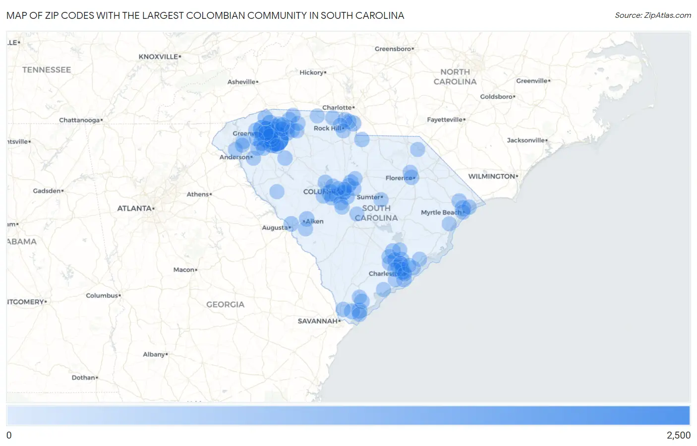 Zip Codes with the Largest Colombian Community in South Carolina Map