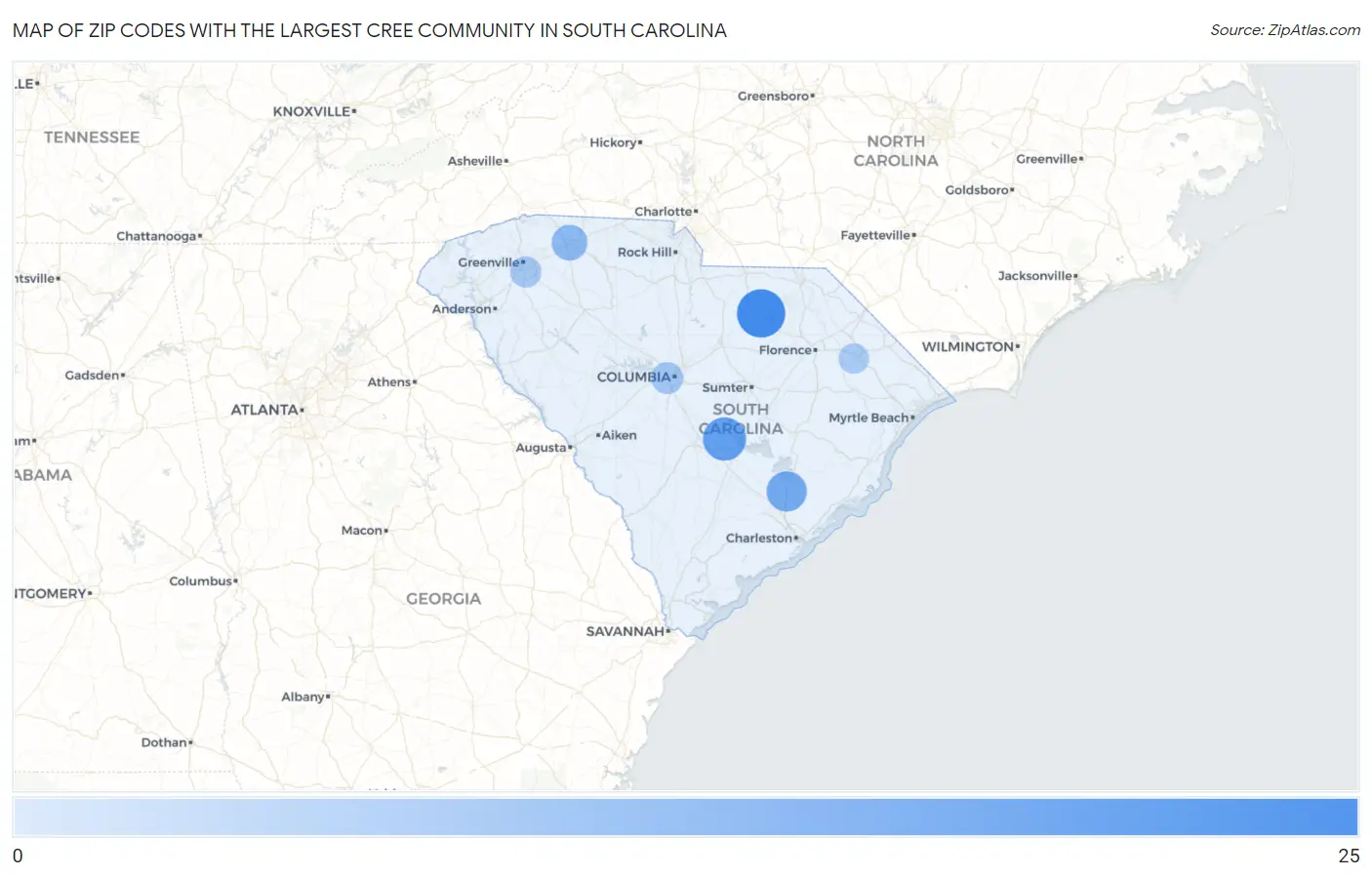 Zip Codes with the Largest Cree Community in South Carolina Map
